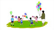 Many children are playing with balloons from the balloon sellers