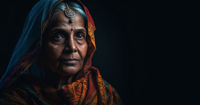 Portrait of a traditionally dressed elderly woman of Indian origin wearing a saree or salwar kameez, beautiful close-up portrait young Indian woman