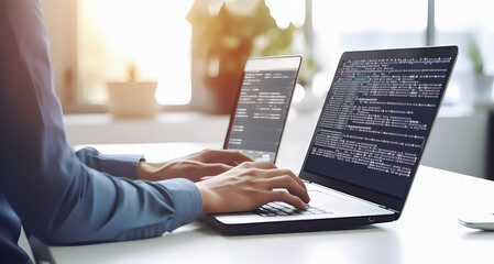 Man working on computer. Software development concept. software engineer working on laptop, digital technology. High key . AI generated