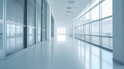 The empty hall of an office or medical institution with panoramic windows and a perspective, AI generated