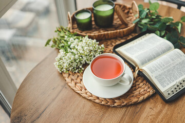 Poster - Open Bible in the home interior, morning reading