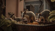 A family of opossums scavenging for food in a reside Generative AI 
