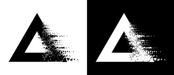 Triangles with glitch halftone texture. Black shape on a white background and the same white shape on the black side.