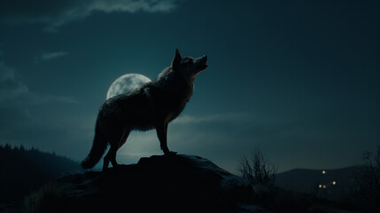 Poster - A wolf howling at the full moon Generative AI 