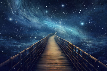 Wall Mural - Generative AI: fantasy bridge wood with cloud in the space with a cute landscape