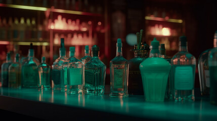 Wall Mural - A neon-lit bar with glowing bottles and glassware Generative AI 