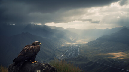 Canvas Print - A thunderbird perched on a mountaintop overlooking Generative AI 