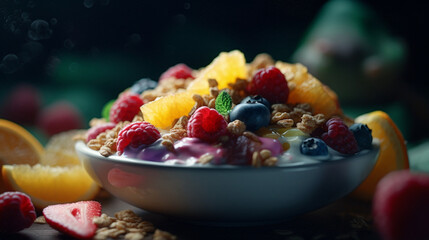 Poster - Fruit salad with yogurt and granola Generative AI 