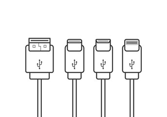 set USB icons, usb-a, usb-c, lightning, icon vector illustration editable stroke.