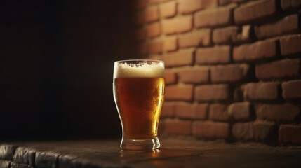 Canvas Print - Glass of beer on a brick wall background Generative AI 