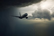 © ADDICTIVE STOCK - Generative AI illustration of low angle of dramatic view of airplane flying in dark gloomy sky with heavy clouds during overcast weather
