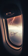 © ADDICTIVE STOCK - Generative AI illustration of dramatic view through airplane window of dark gloomy sky with heavy clouds during thunder with lightning