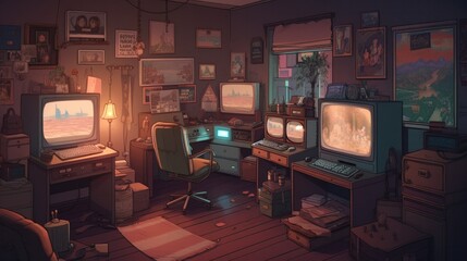 Wall Mural - Lofi artwork gamers room 2d cartoon. AI generated.