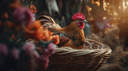 Canvas Print - Rooster in a straw basket with flowers Generative AI 