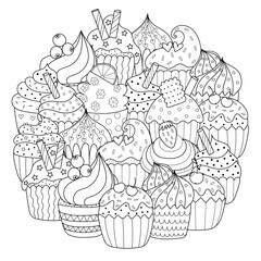 Doodle cupcakes circle shape coloring page. Mandala with sweet cupcakes for coloring book. Food outline background. Vector illustration