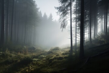 gloomy and atmospheric house standing in the forest covered with fog AI