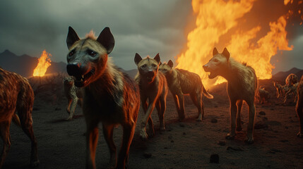 Sticker - A pack of fire-breathing hyenas living in a volcano Generative AI 