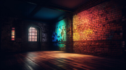 Poster - Background of an empty room with brick walls and neon Generative AI 