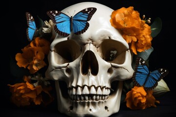 Wall Mural - halloween art bone design flower butterfly skeleton skull illustration death. Generative AI.