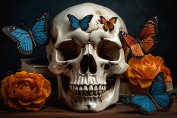 Wall Mural - design halloween death art flower bone illustration skeleton skull butterfly. Generative AI.