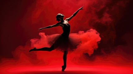 Wall Mural - Female ballet dancer silhouette in red smoke on dark background, prima ballerina assoluta dancing on stage of theater, smooth movements of ballet woman performer in black red tutu dress, generative AI