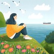 © olga - A girl sitting on the green hill and looking into the distance. Blue sea on the horizon. Seagulls flying on the sky. Peaceful landscape.
