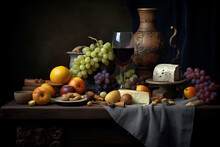 Classical Vintage Dutch Style Still Life With Fruit, Cheese, Nuts, Wine, Grapes, Food, And Antique Pitcher On Wooden Table Over Rustic Dark Background.. Generative AI