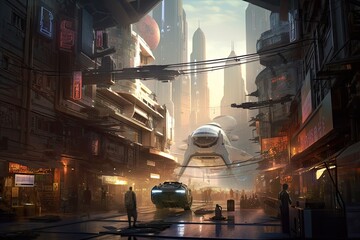 Poster - towering buildings and bustling streets fill galactic capital, with futuristic transit system in the background, created with generative ai