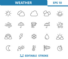 Weather Icons - Sun, Moon, Rain, Raining, Forecast, Snowflake, Snowing, Cloud Vector Icon Set