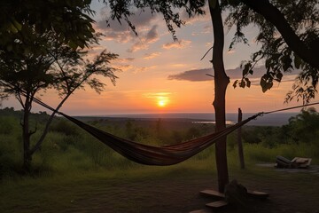 Canvas Print - campsite with hammock and view of the sunset, for peaceful relaxation, created with generative ai