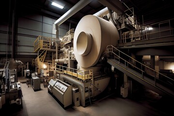 Poster - high-tech pulp and paper manufacturing facility with robotic equipment and advanced machinery, created with generative ai