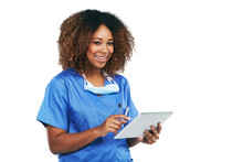 Portrait, Tablet And Black Woman Nurse With Technology Or Healthcare Or Medical Physician Smiling And Isolated On A Transparent Png Background. Wellness, Research And Female Person With Digital Check