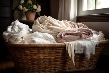 Poster - linen basket overflowing with freshly laundered linens, created with generative ai