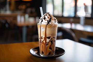 Wall Mural - iced coffee latte, with foamy milk and drizzle of chocolate syrup, created with generative ai