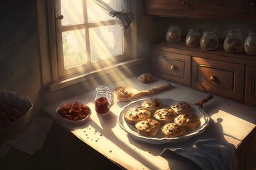 Sticker - a humble kitchen, with the sun rays coming through the window, shining on a plate of freshly baked muffins, created with generative ai