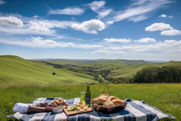 Poster - picnic with view of rolling hills, fields, and blue skies, created with generative ai