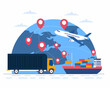 Worldwide international delivery with pinpoint worldwide map background global logistics services. 