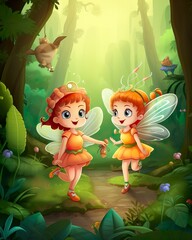 Two Fairy Children Playing in the Woods
This charming image depicts two young fairy siblings playing together in a lush forest. The older sister, with her delicate wings and floral wreath, 