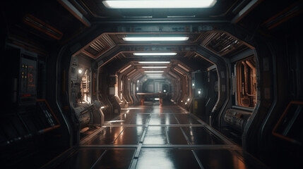 Poster - A deserted space station with flickering lights Generative AI 