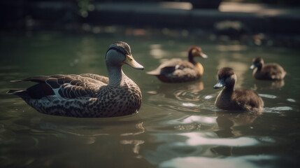 Wall Mural - A family of ducks swimming in a pond in the middle Generative AI 