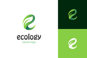 Wall Mural - letter E ecology logo icon design with leaf or nature green plant graphic element, symbol for earth day logo, nature product label