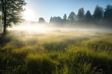 Wall Mural - pristine meadow in the morning light, with mist rising from the grass, created with generative ai