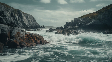 Poster - A rocky coastline with rugged cliffs and crashing Generative AI 