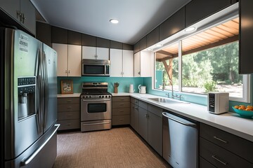 Canvas Print - mid-century modern kitchen with sleek countertops, stainless steel appliances and a vintage coffee maker, created with generative ai