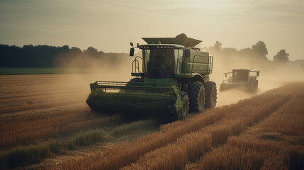 Canvas Print - A tractor pulling a harvester in a grain field Generative AI 