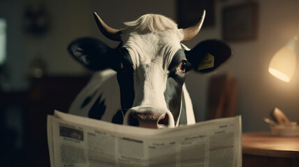 Poster - Cow reading a newspaper at home Generative AI 