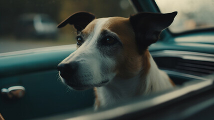 Canvas Print - Dog driving an old car Generative AI 