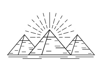 Three egypt ancient pyramids of giza are egyptian pharaoh tomb with light ray on white background line outline vector black icon design.