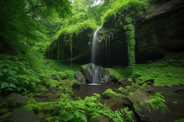 Poster - natural rock formation with waterfall, surrounded by lush greenery, created with generative ai