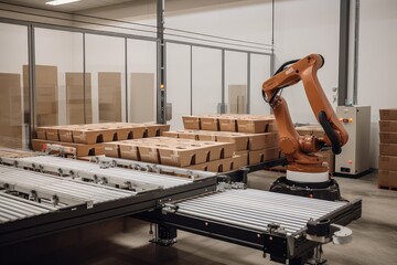 Poster - packaging and sorting robot, placing items into boxes for shipping, created with generative ai